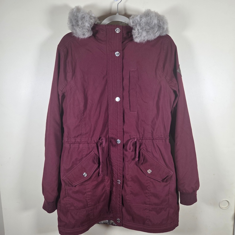 Hollister Parka Jacket Womens M Burgundy Faux Fur Hood Heritage Stretch Utility